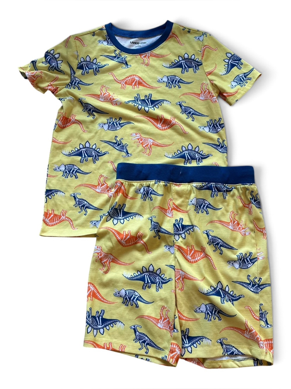 Lands' End Yellow Dinosaur Short Pajama Set with Blue & Orange Prints